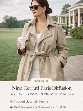 Nino Cerruti Paris Diffusion Trench Coat Beige Oversized Women Vintage 42R